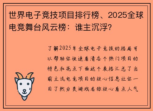 世界电子竞技项目排行榜、2025全球电竞舞台风云榜：谁主沉浮？
